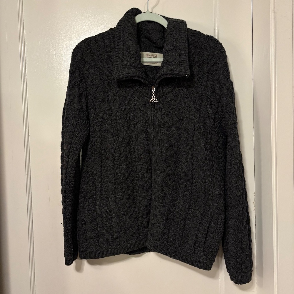 ARAN Double Collar Zip Merino Cardigan‎‎‎‎ Charcoal Gray, Sz M - Picture 3 of 10
